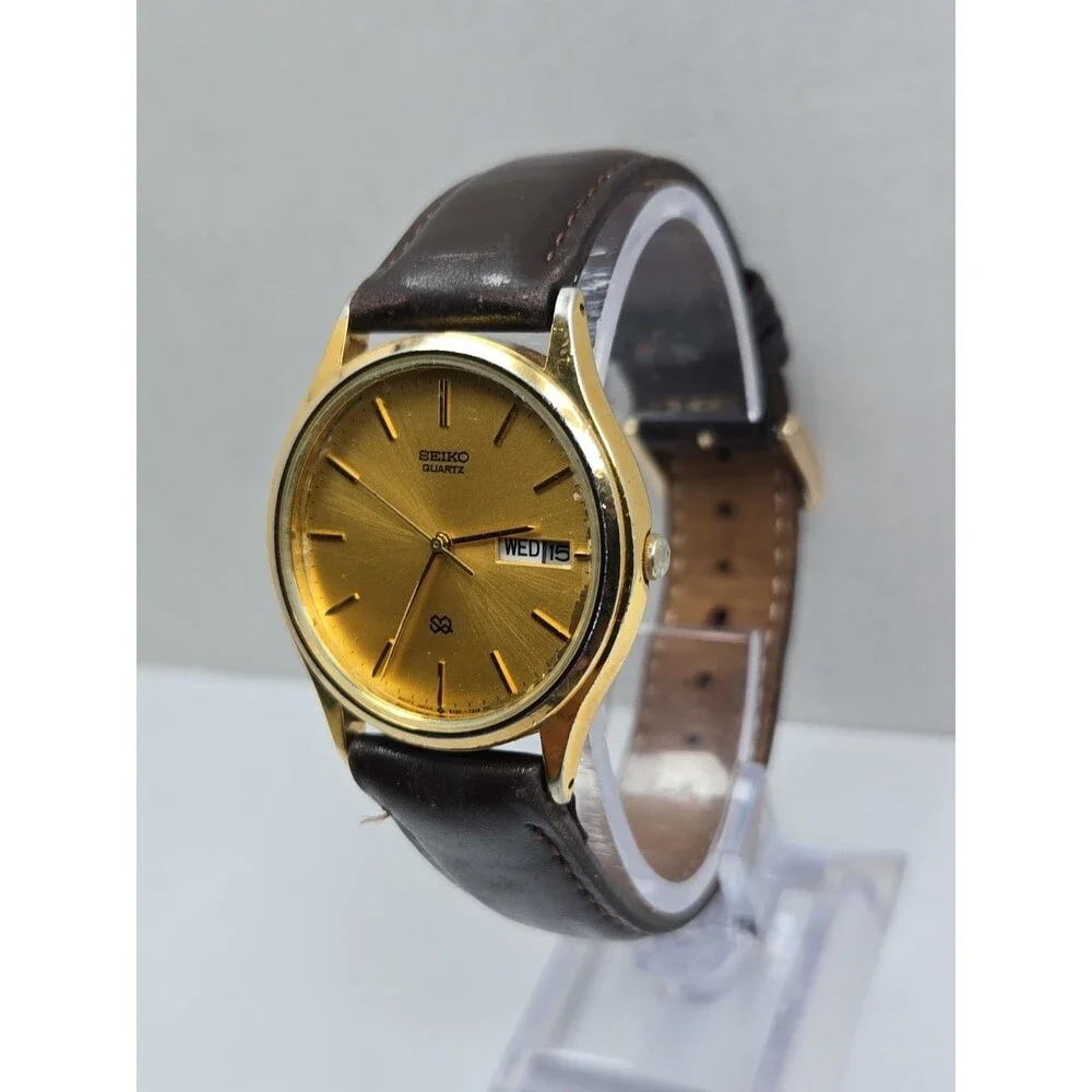 Vintage Seiko SQ 5Y23-7079 Mens 34mm Gold Tone Day Date Quartz Watch New Battery